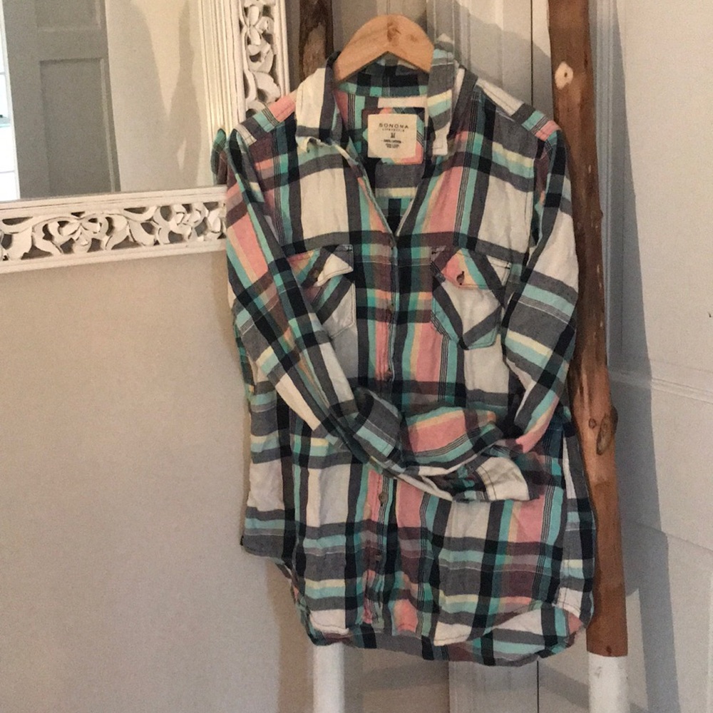 Pink and teal flannel button down